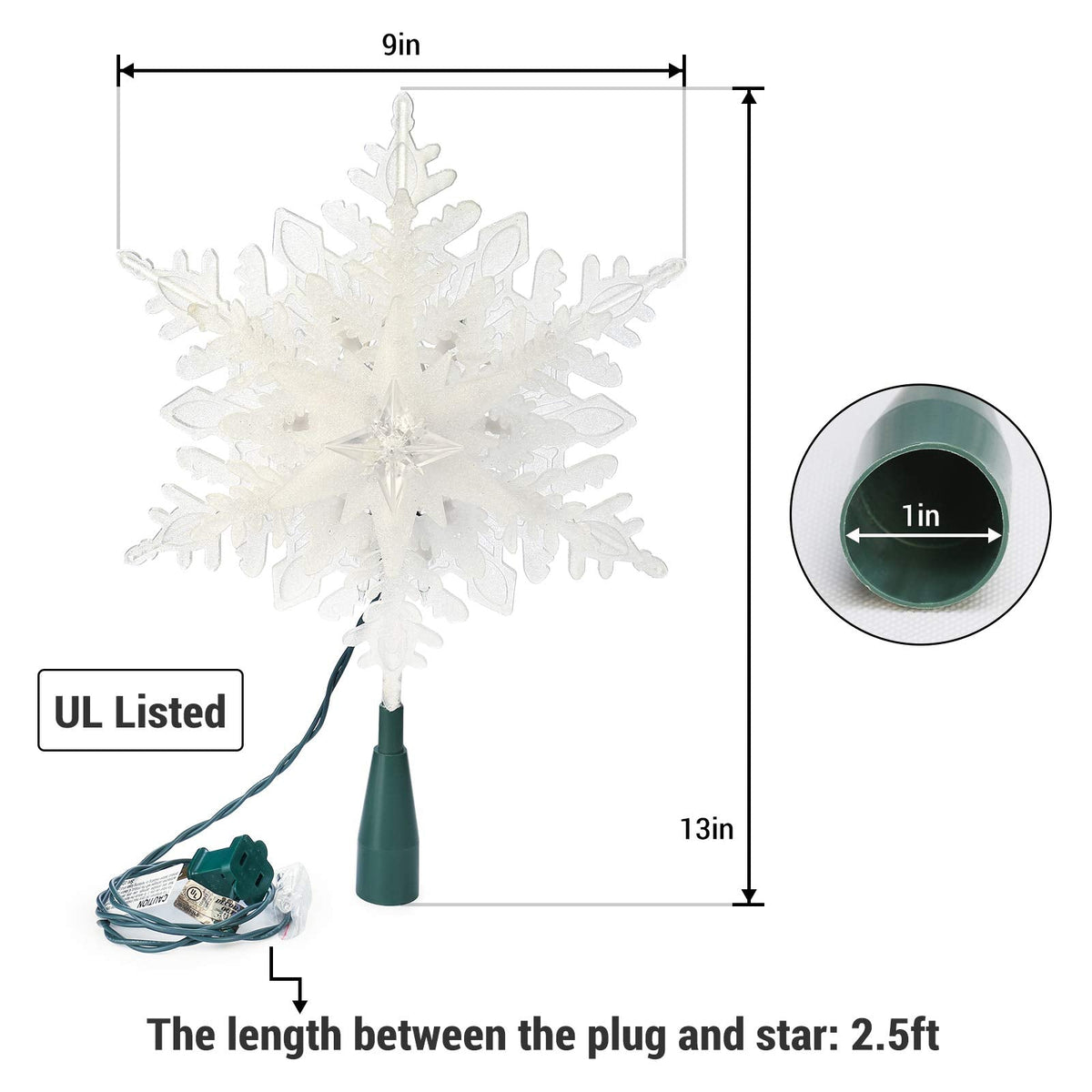 Brizled Christmas Snowflake Tree Topper, 9.25in Lighted Christmas Treetop with 20 Warm White Lights, 120V UL Certified Plug in Christmas Tree Top Star for Xmas Tree Indoor Party Home Office Decoration