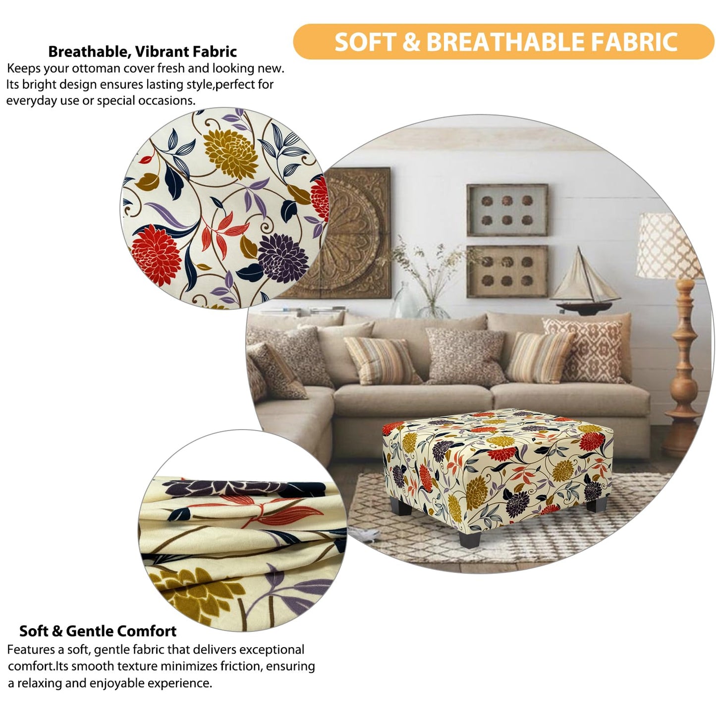 TOPHMDECOR Ottoman Cover Rectangle Printed,Stretch Footstool Slipcover with Elastic Bottom,Soft Fabric Protector for Rectangular Ottoman in Living Room or Bedroom,Medium,Flower B