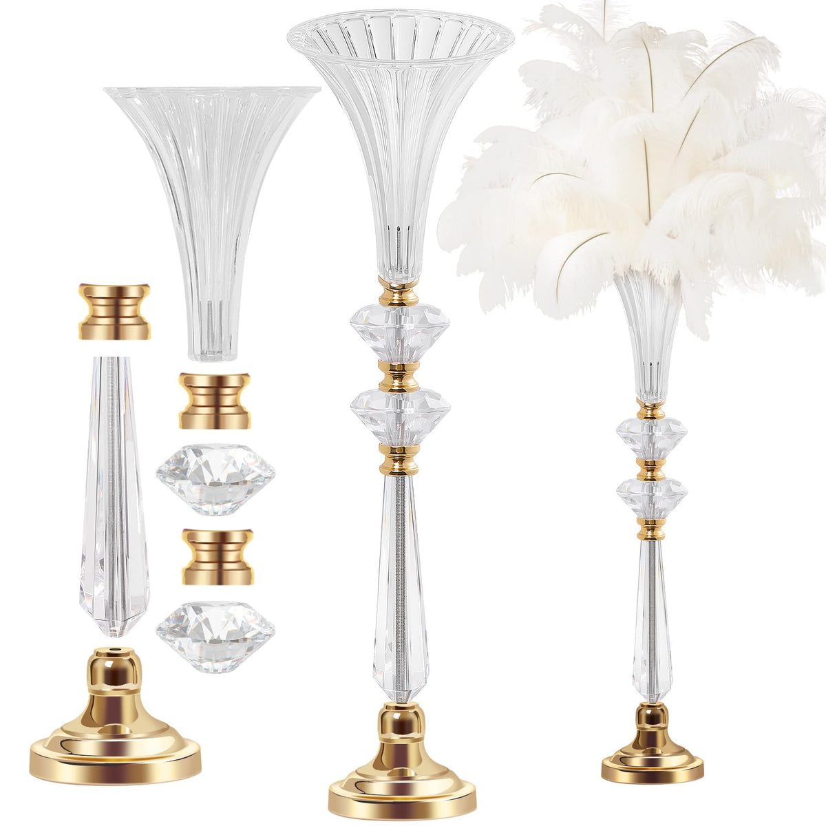 VIJIV Tall Crystal Acrylic Flower Vases for Centerpieces, 26.2" Large Clear Decorative Trumpet Vases, Wedding Flower Stand with Ribbed, Table/Floor Vase for Bridal Showers & Dining Room, Home Décor