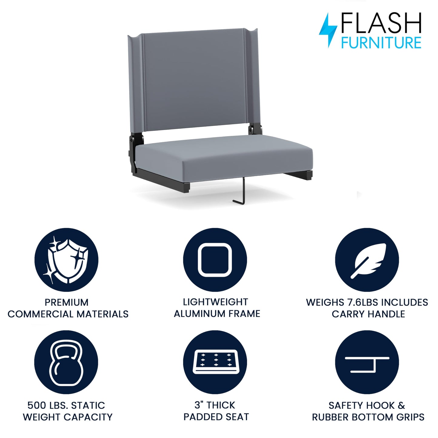 Flash Furniture Grandstand Portable Stadium Seat for Bleachers or Benches, Folding Padded Stadium Chair with Carrying Handle, 500 lb. Weight Capacity, Gray