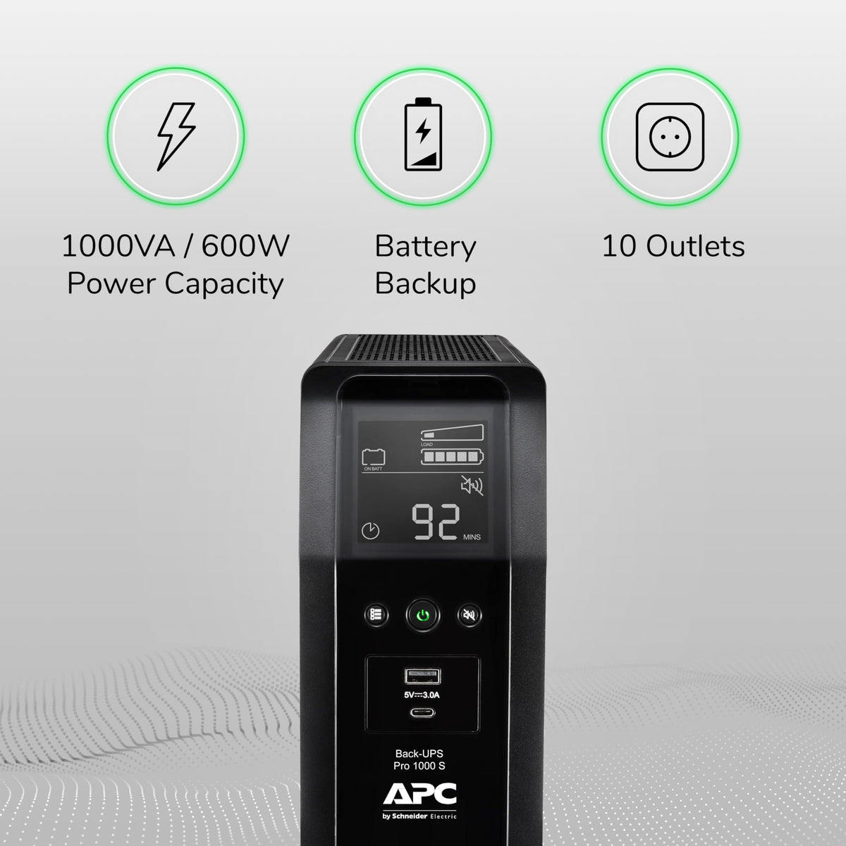 APC UPS Back-UPS Pro 1000VA Sinewave UPS, 600W Battery Backup & Surge Protector, AVR, 10 Outlets, LCD, USB-C & USB-A Charging Ports, BR1000MS Uninterruptible Power Supply for Computers, Electronics