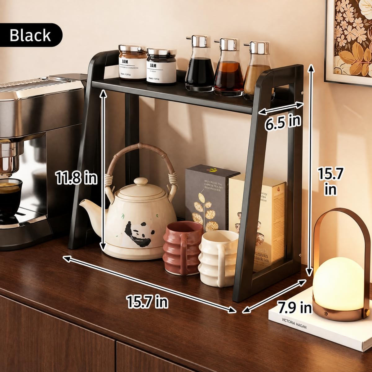 XIKEMADI Natural Bamboo Coffee Station Organizer, 2-Tier Wooden Kitchen Counter Shelf for Bar Accessories, Multi-Functional Countertop Storage Rack for Syrup Bottles & Coffee Essentials (Black)