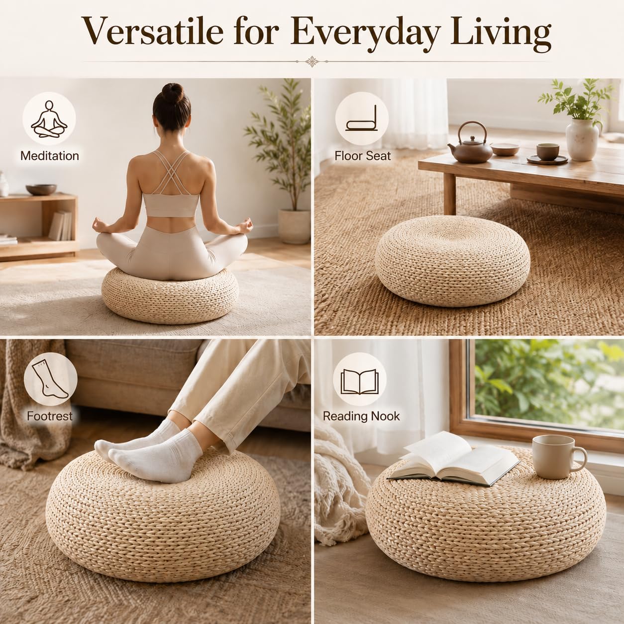Round Rattan Floor Cushion, Handwoven Wicker Ottoman Foot Stool, Boho Meditation Seat for Living Room & Bedroom, 19.7" Dia x 6.7" H