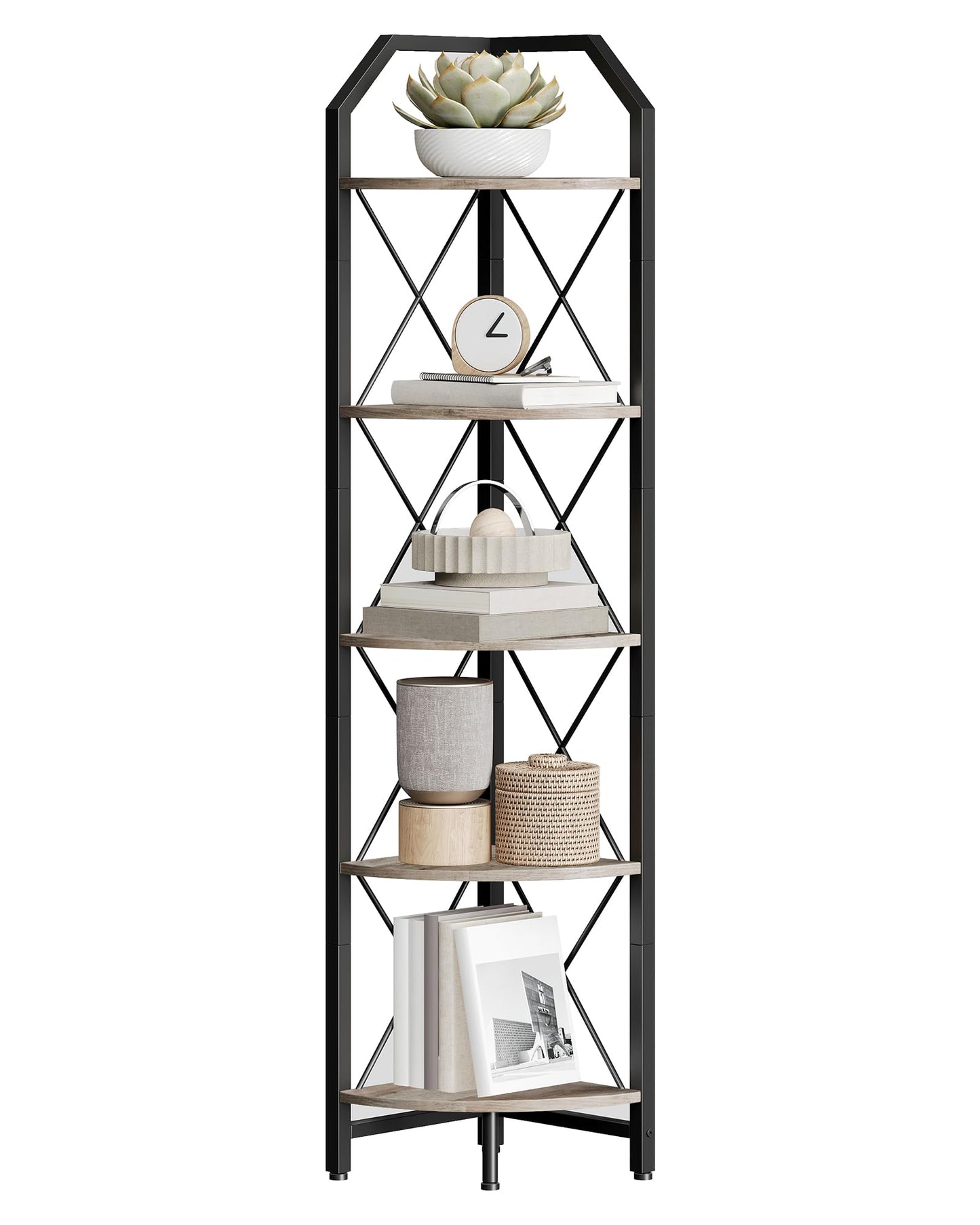 CHOEZON 5-Tier Corner Shelf, Industrial Corner Bookshelf, 59.4" Corner Storage Stand, Plant Stand Display Shelf, Corner Bookcase for Bedroom, Living Room, Home Office, Greige and Black TCJ10BG