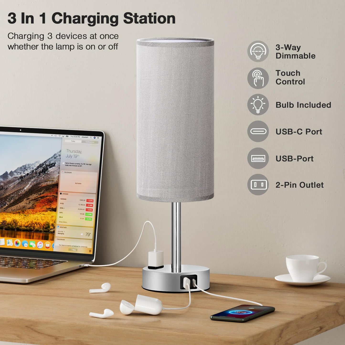 Fenmzee Grey Nightstand Table Lamp for Bedroom - 3 Way Dimmable Bedside Lamp USB C A Charging Ports and AC Outlet, Small Table Lamp Silver Base for Living Room, Office Desk, LED Bulb Included