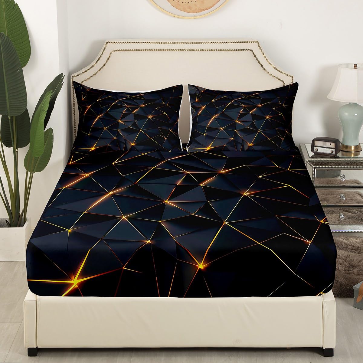 Feelyou Honeycomb Sheet Set Twin Size,Geometric Stereoscopic Theme Teens Boys Bedding Set,Adults Bedroom Decoration 3D Black Gold Print Fitted Sheet All Season