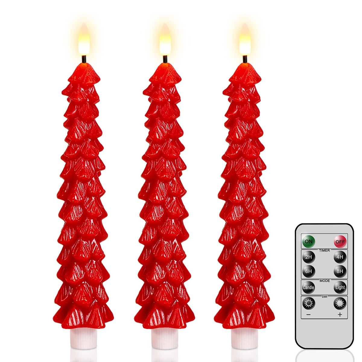 KunSwenn Christmas Tree Candles Battery Operated, Red Christmas Flameless Taper Candles with Remote Timer, Set of 3 Waxy 9.8 Inch LED Tree Candlesticks for Xmas Home Holiday Window Winter Decor