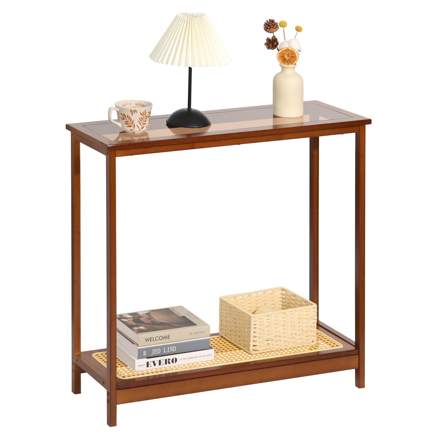 Mordchil HF Bamboo Narrow Console Table, 31.5"(L) Wood Small Entryway Table with Rattan and Glass, Accent Slim Hallway Tables, Thin Sofa Side Tables for Hallway, Living Room, Bedroom, Foyer, Walnut