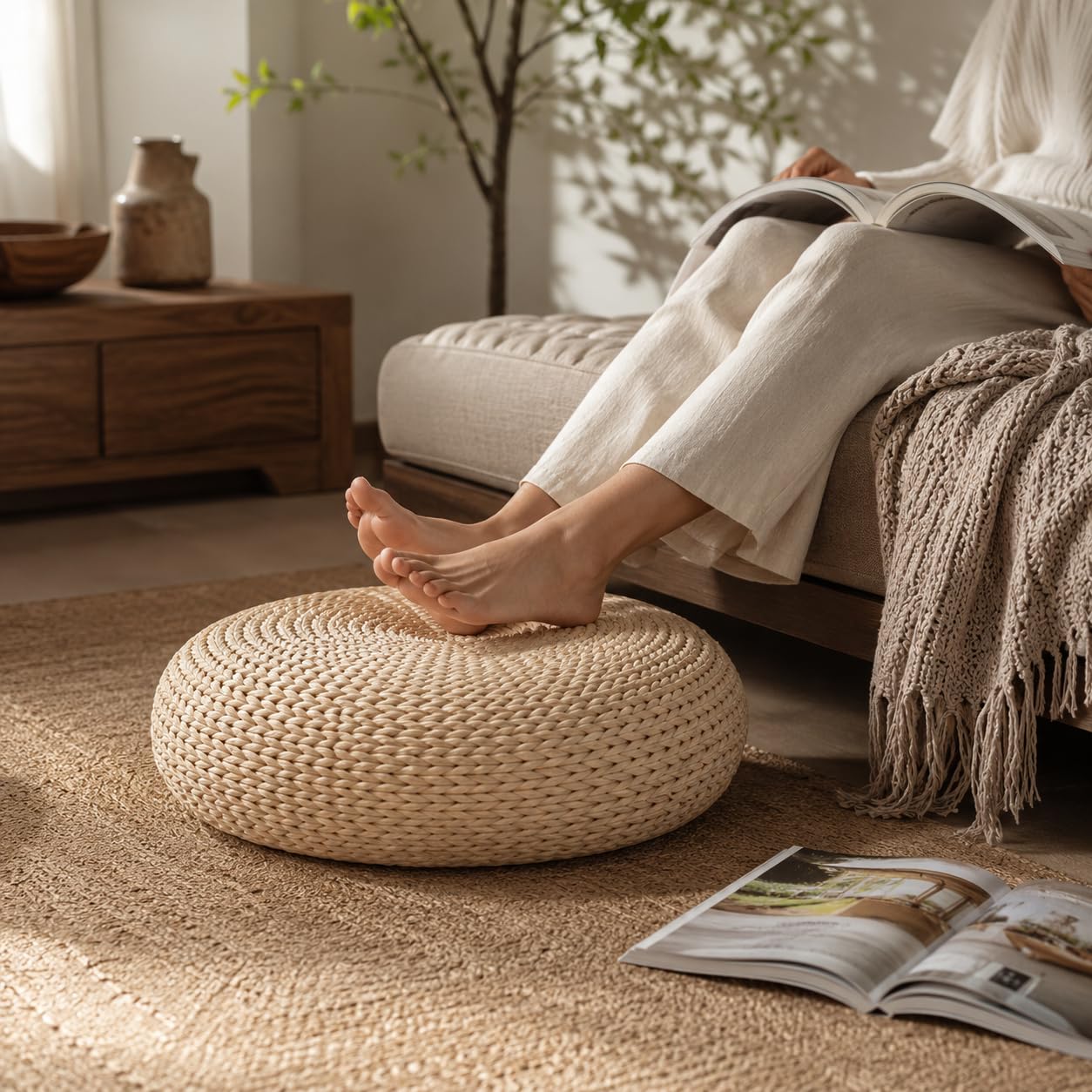Round Rattan Floor Cushion, Handwoven Wicker Ottoman Foot Stool, Boho Meditation Seat for Living Room & Bedroom, 19.7" Dia x 6.7" H