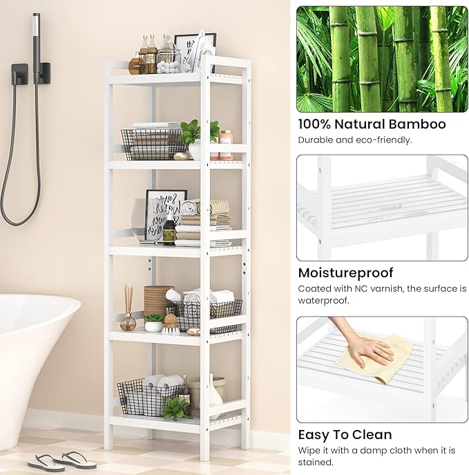 Homykic Bamboo Bookshelf, 5-Tier Narrow 55.9” Adjustable Book Shelf Bookcase