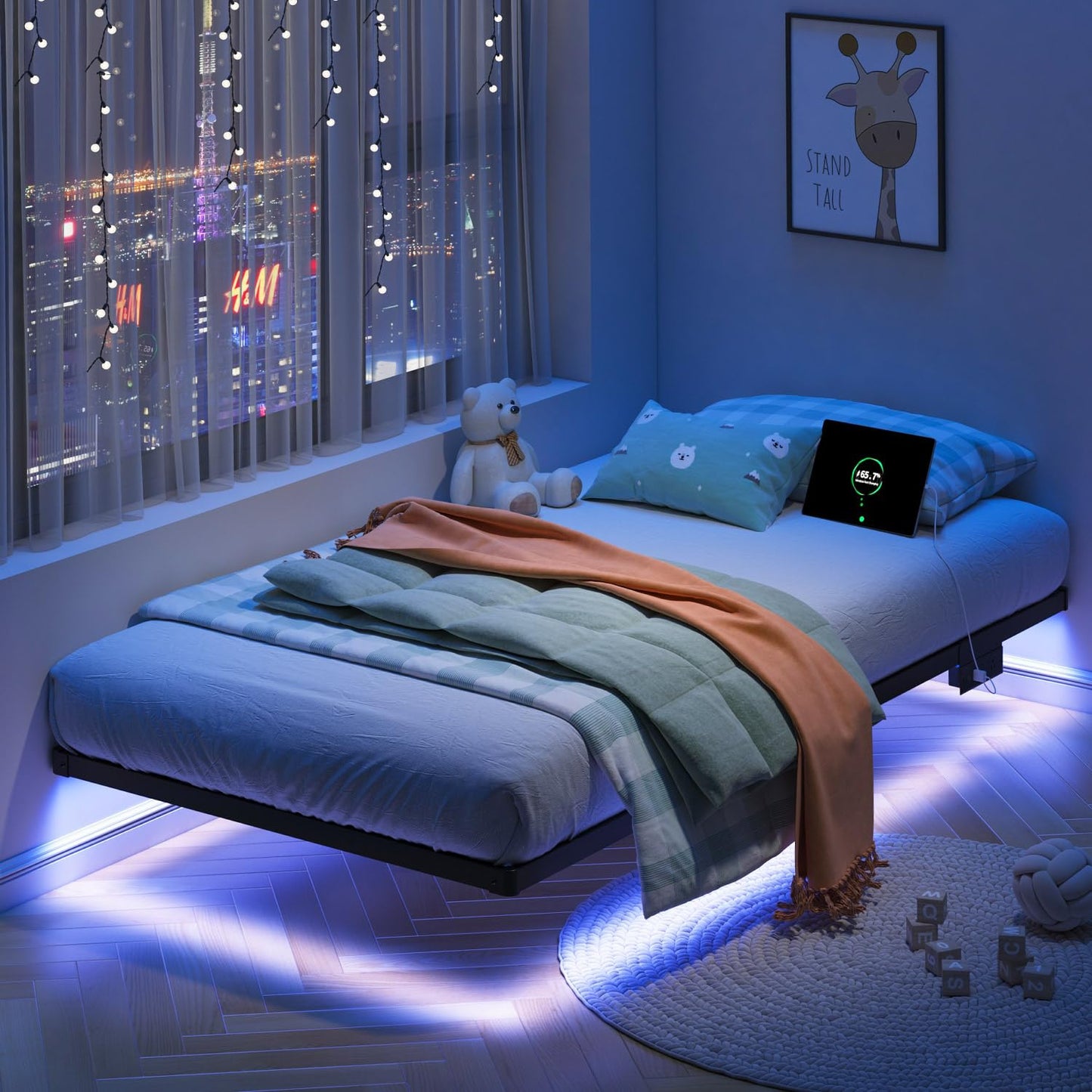 HAVONIZD Floating Bed Frame Twin with LED Lights and Charging Station - 8 inch Platform Bed Frame No Box Spring Needed, Easy Assembly