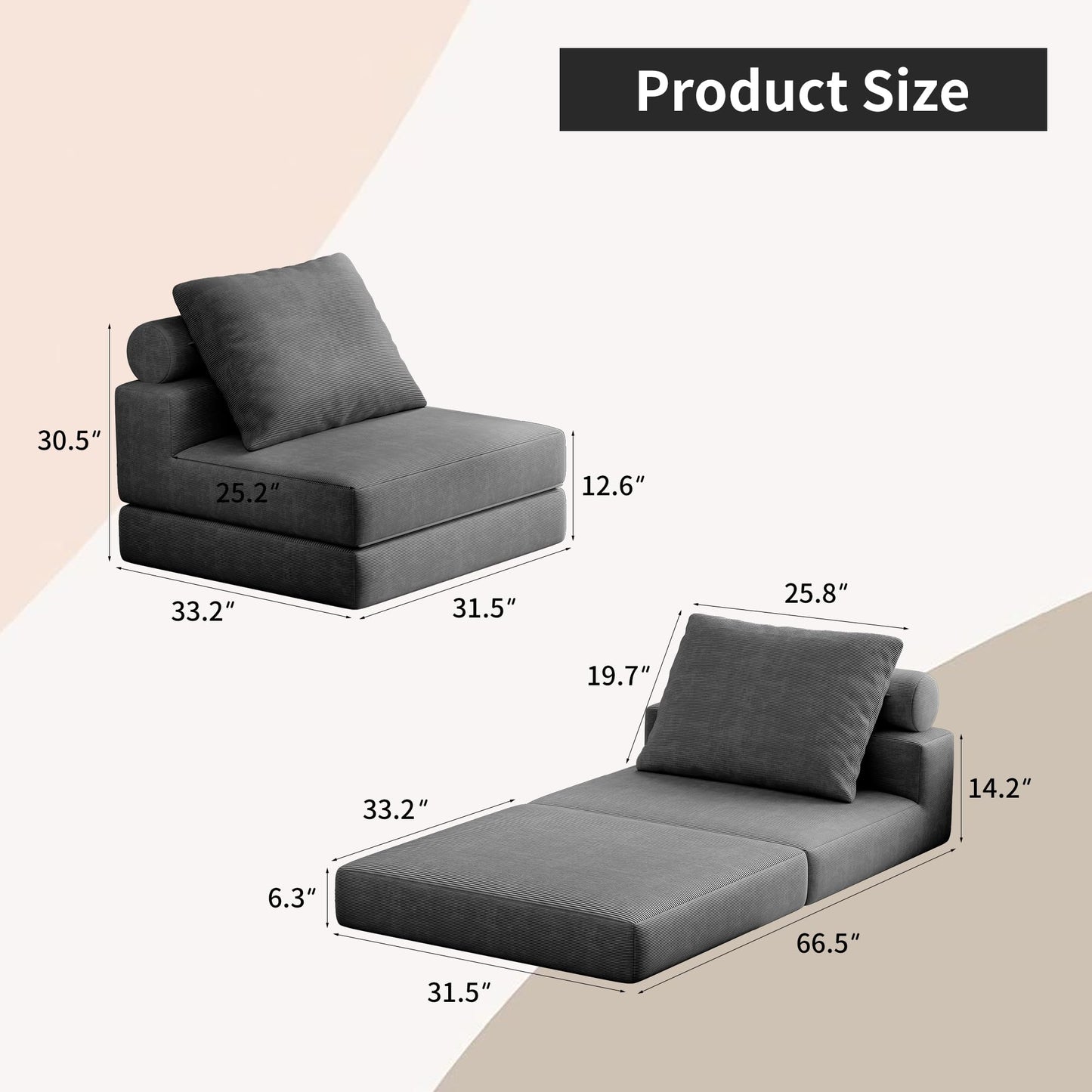 Lumbershed Folding Sofa Bed, 3-in-1 Convertible Sleeper Chair Bed with Pillows, Foldable Floor Couch with High-Density Foam, Futon Small Boneless Couch for Living Room Bedroom Lounge, Single, Gray