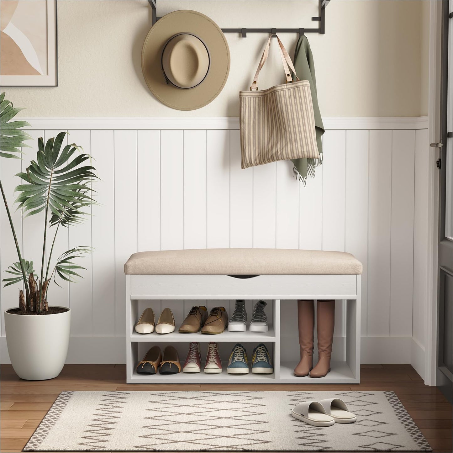 Apicizon 31 Inches Storage Bench with Padded Cushion, Shoe Bench with Storage Space, Upholstered Entryway Bench for Living Room, 2-Tier Shoe Rack Organizer, White