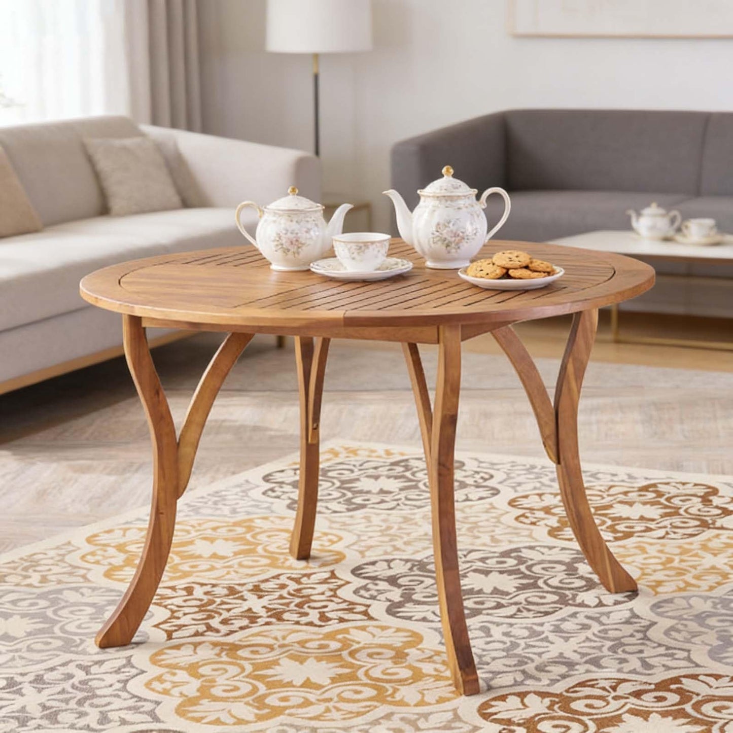 LCNDKF Weatherproof Slatted 47.25" Round Patio Dining Table, Solid Acacia Wood Teak Finish, Stable Indoor Outdoor Garden Lawn Family Dinner Furniture
