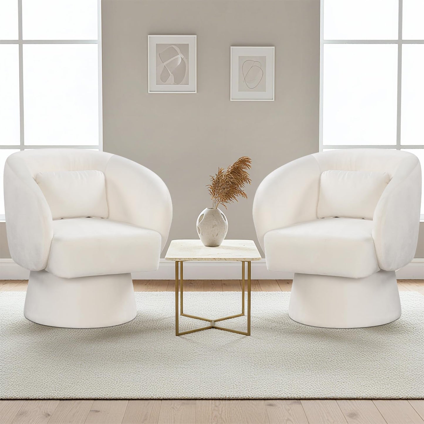 Giantex Swivel Accent Chair, Upholstered Barrel Chair with Curved Back & Removable Lumbar Pillow, Comfy Round Armchair with 360° Rotating Function, Single Sofa Chair for Living Room