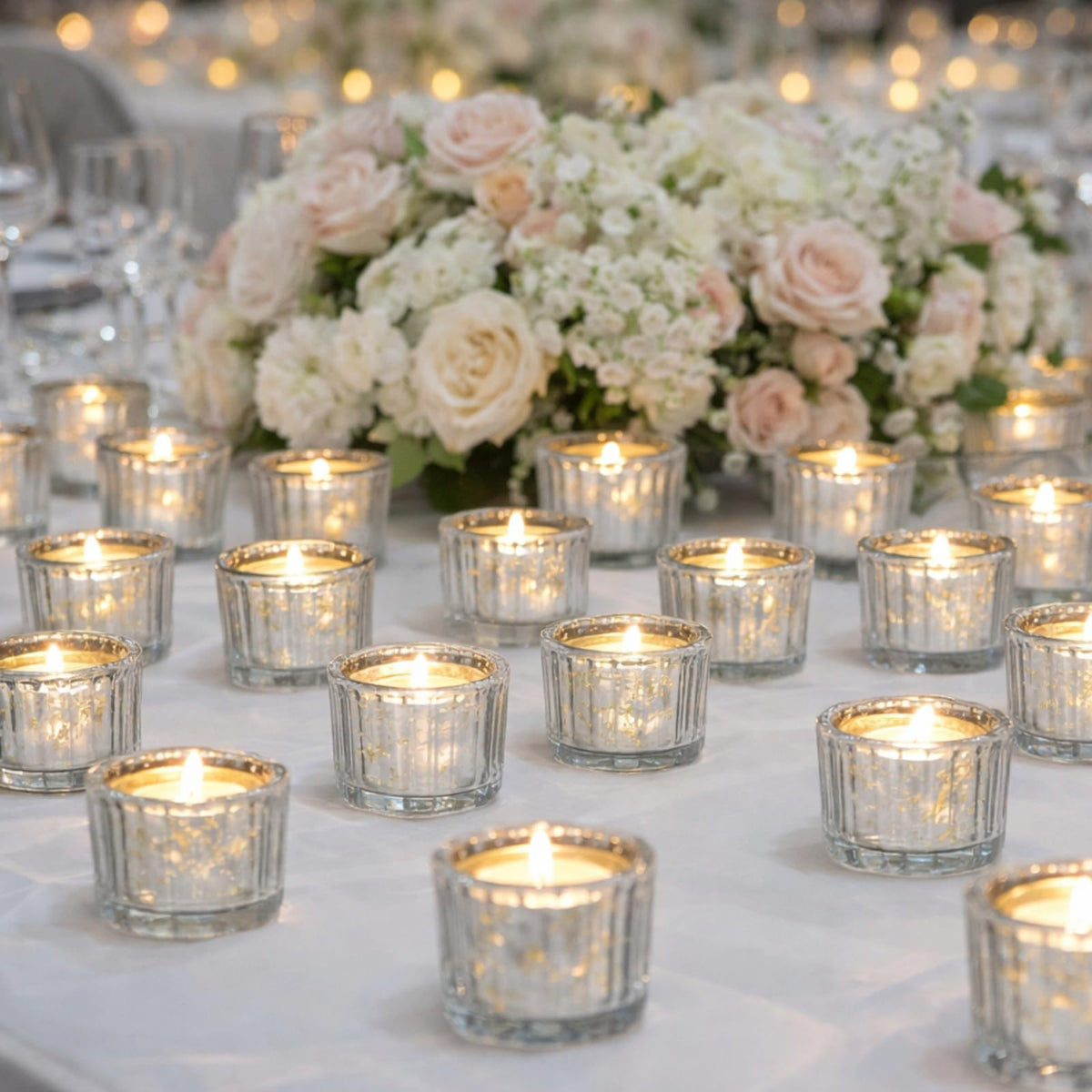 Mumufy 100 Pcs Glass Tealight Candle Holder Ribbed Votive Candle Holder for Centerpiece Wedding Proposal Spa Aromatherapy Meditation Home Decor (Silver)