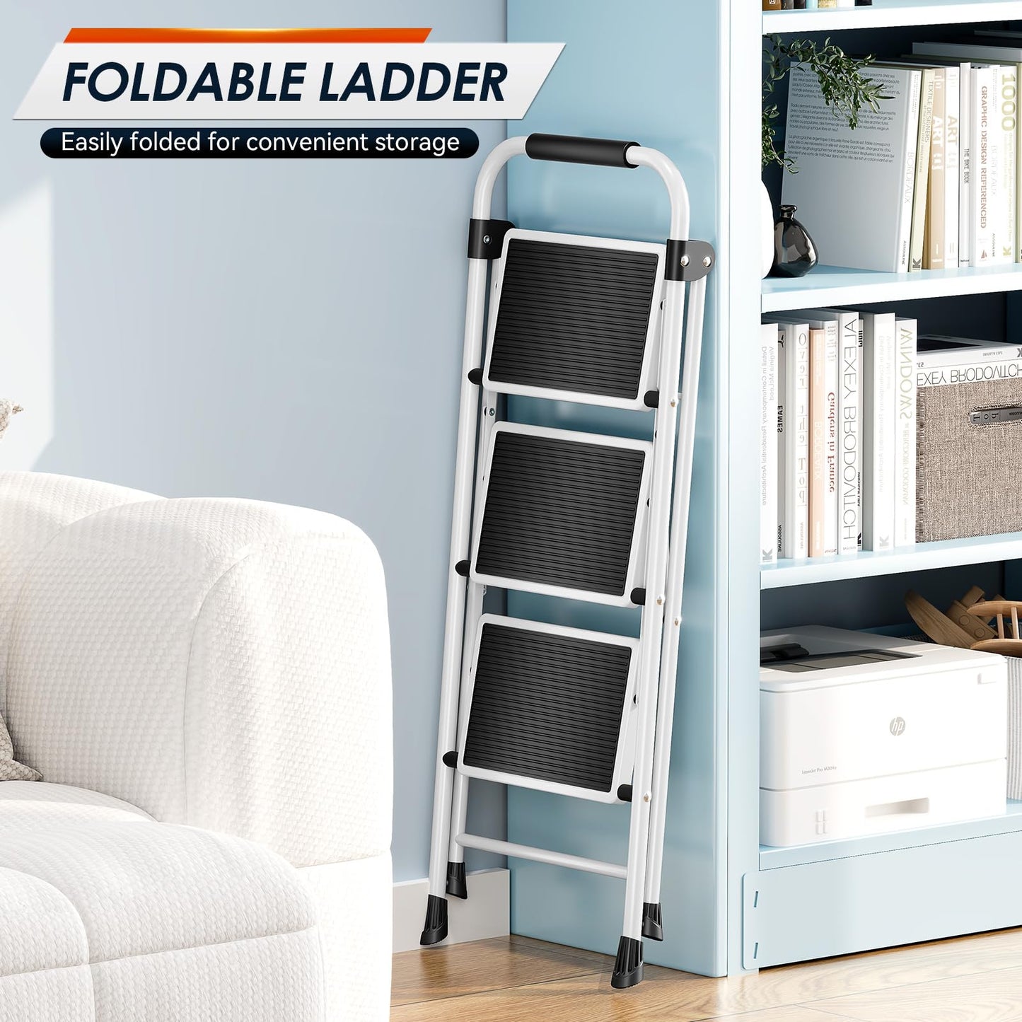Urackify Step Ladder, 3 Step Ladder with Anti-Slip and Wide Pedal, Portable Foldable Step Stool with Handgrip, Sturdy Step Ladder for Home Kitchen Household, White