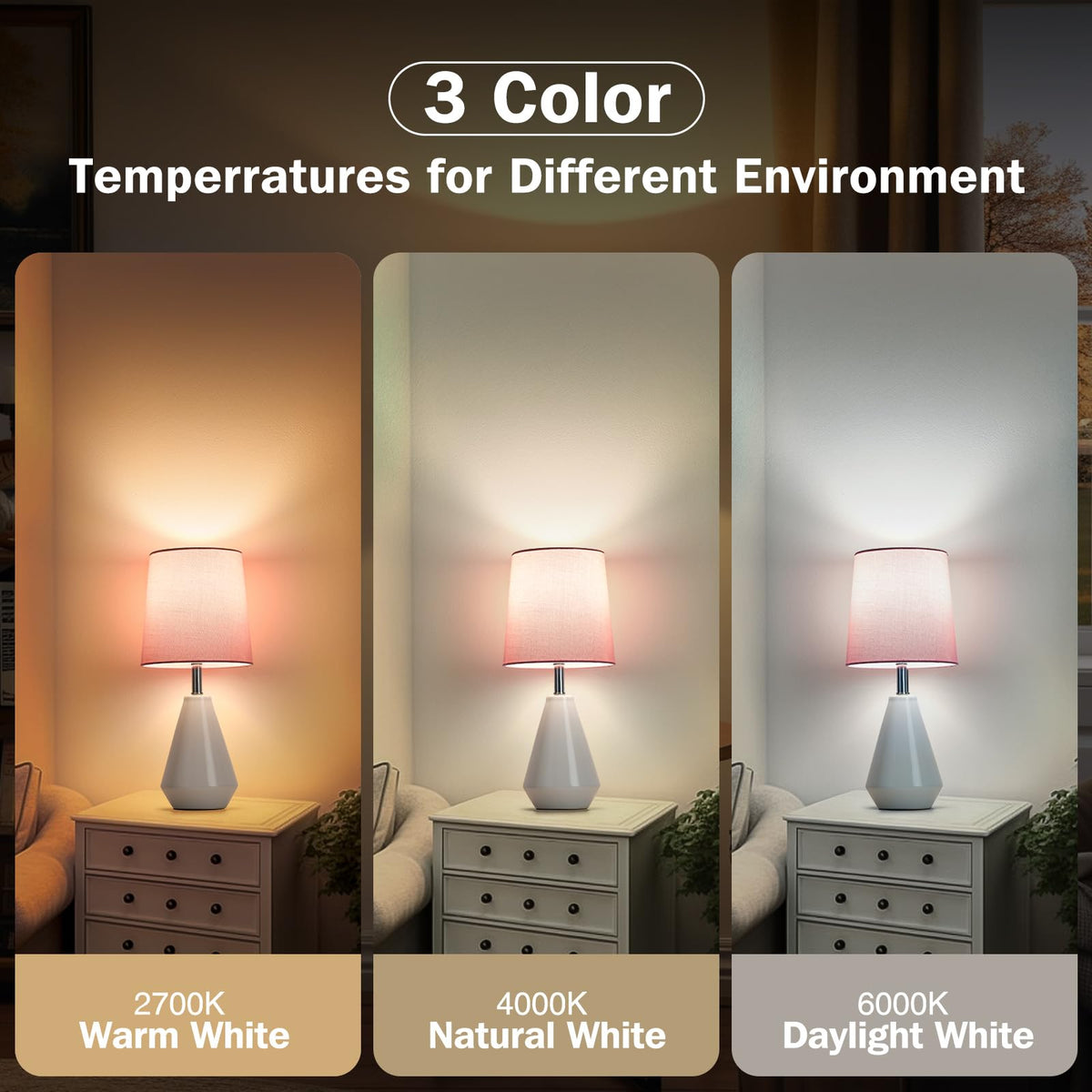 bdayanx Small Bedside Table Lamp for Bedroom-Reading Desk Lamp Set of 2,with 3 Color Temperatures,15.5" Nightstand Ceramic Lamp with Fabric Shade for Kids Room,Living Room,Dorm,Home Office