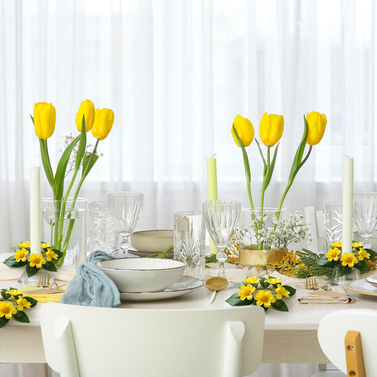 6 PCS Summer Yellow Daisy Taper Candle Rings Wreaths 1.38" Mini Spring Summer Floral Taper Candle Holder Wreaths Artificial Flower Farmhouse Table Centerpieces Wreath for Rustic Home Candlestick Decor