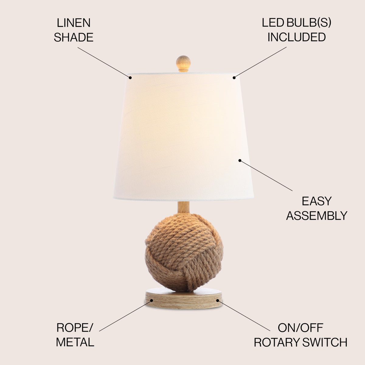 JONATHAN Y 18" Natural Monkey Fist Rope Ball LED Table Lamp, Coastal Nautical Iron and Rope Accent Lamp for Living Room Bedroom, White Linen Shade, LED Bulb Included JYL6500A