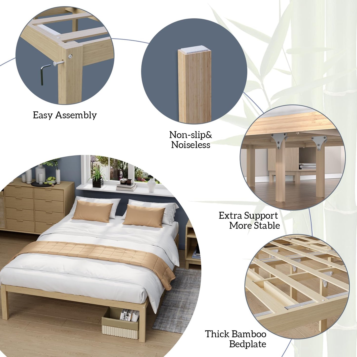 Bamboo Bed Frame Twin Size Wood Platform Bedframe Solid Stable with Non-Slip Slats Support Tall Bed No Box Spring Needed Heavy Duty Easy Assembly Noise Free Nature