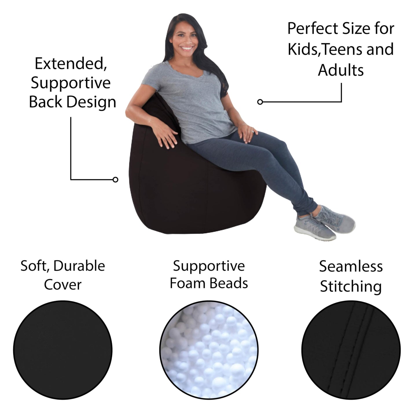 FDP SoftScape Dew Drop Bean Bag Chair with Supportive High-Back Design, For Kids, Teens and Adults, Alternative Seating for Dorms, Schools, Libraries, Daycares or Home - Black