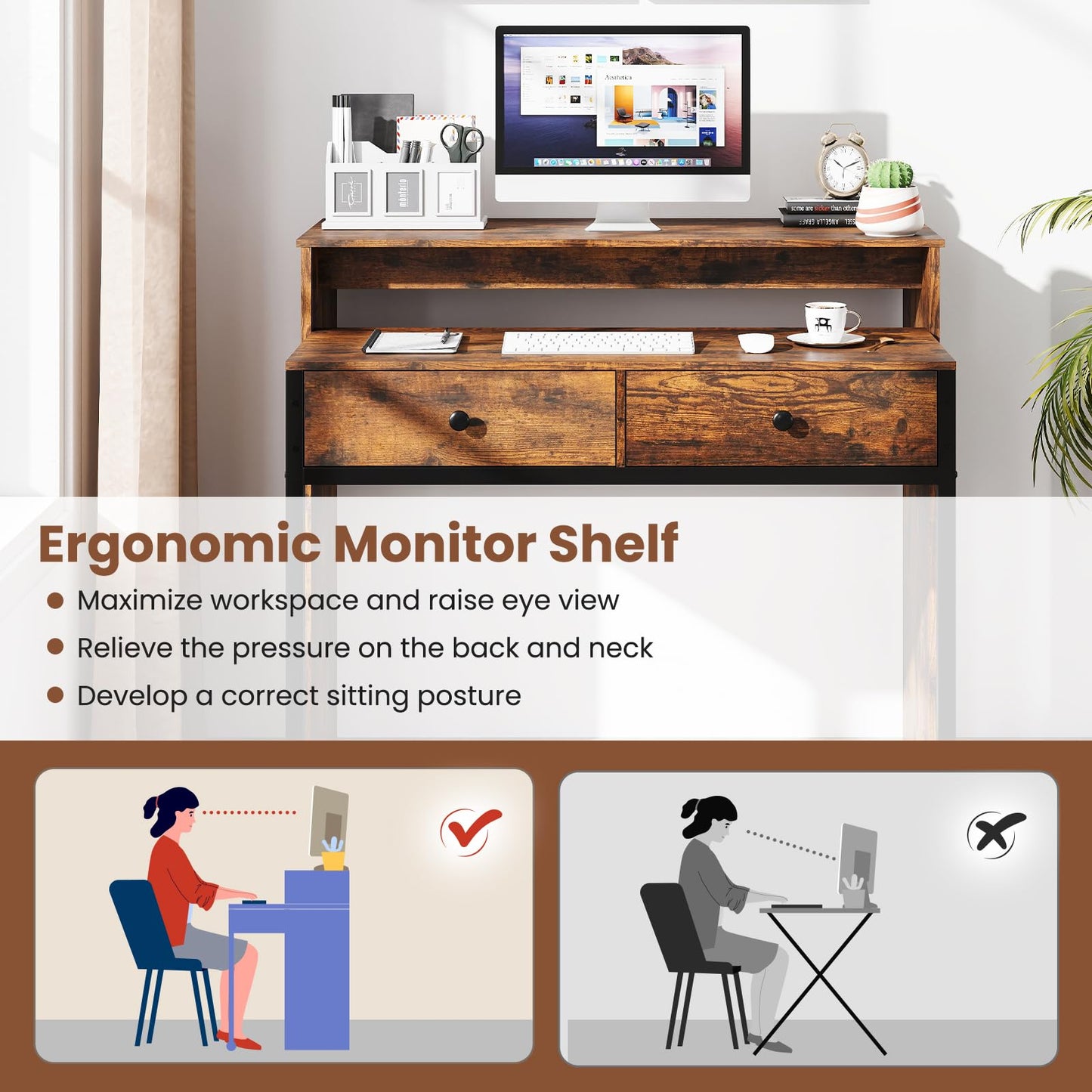 Giantex Small Computer Desk with Hutch & Drawers, Extendable Writing Desk w/Pull Out Secondary Table, Monitor Stand & Rolling Wheels, Console Table, Compact Desk for Small Spaces (Rustic Brown)