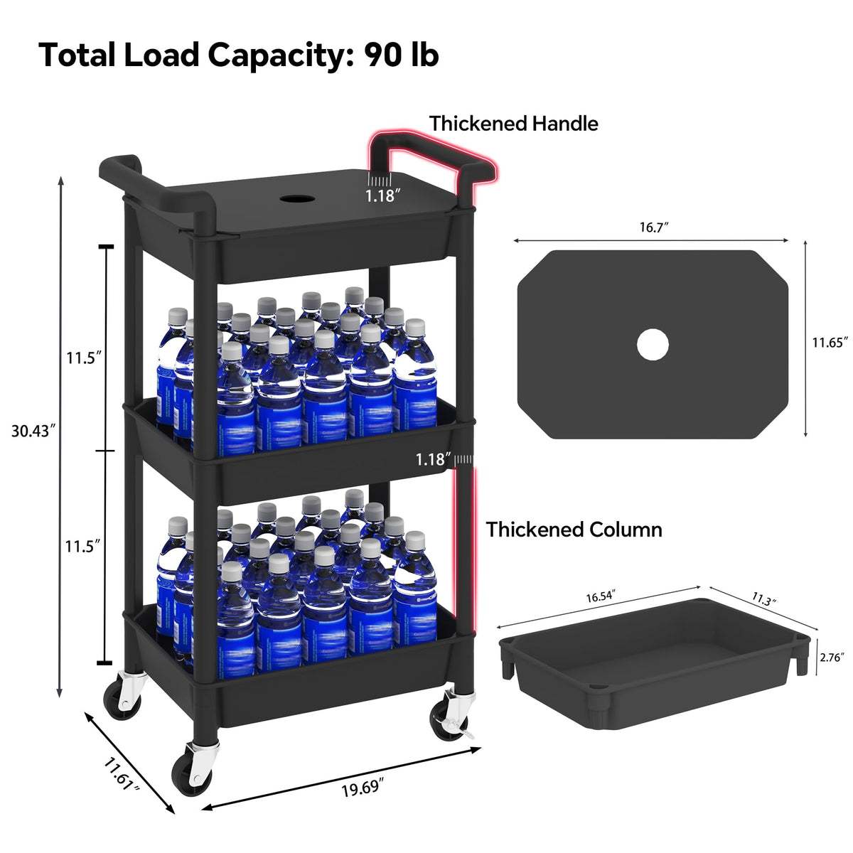 MIOCASA Utility Rolling Cart with Cover Top Board, 3-Tier Kitchen Storage Organization, Art Cart with Wheels for Office, Classroom, Livingroom, Kitchen, Bathroom (Black, 3-Tier-Plastic)