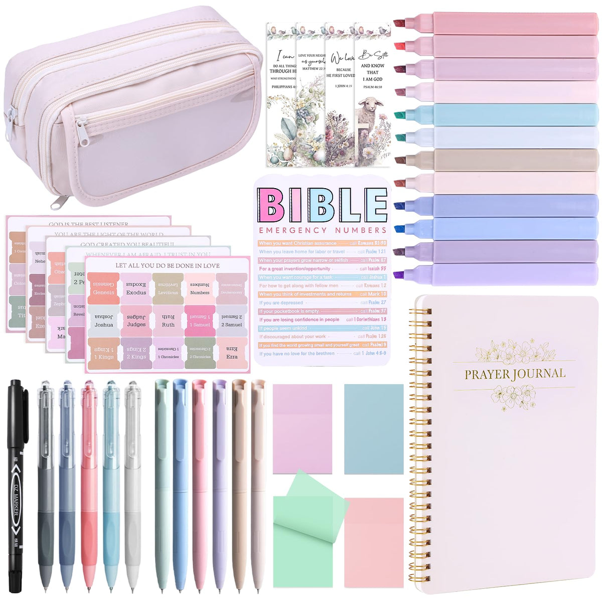 XKDOUS Bible Study Supplies Journaling Kit for Women, Bible Study Kit, 12 Pastel Highlighters and 12 Pens No Bleed, 75 Laminated Tabs, Prayer Journal Pencil Case and More, Beige