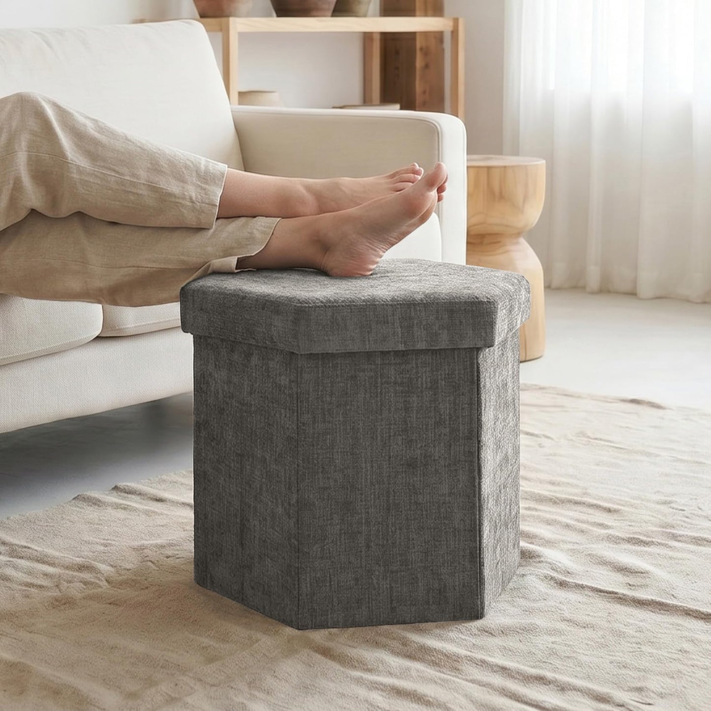 ZOLANOful Hexagon Storage Ottoman, Foldable Chenille FootRest with Hidden Storage, Small Ottoman Footstool for Living Room, Bedroom, Dorm, Entryway, 15 x 16.9 x 15 Inches, Grey