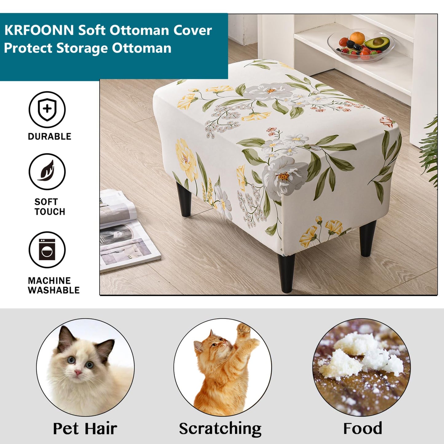 KRFOONN Ottoman Slipcovers Stretch Rectangle Footrest Stool Covers Printed Ottoman Cover for Foot Stool Furniture Protector with Non Slip Elastic Bottom(25, X-Large)