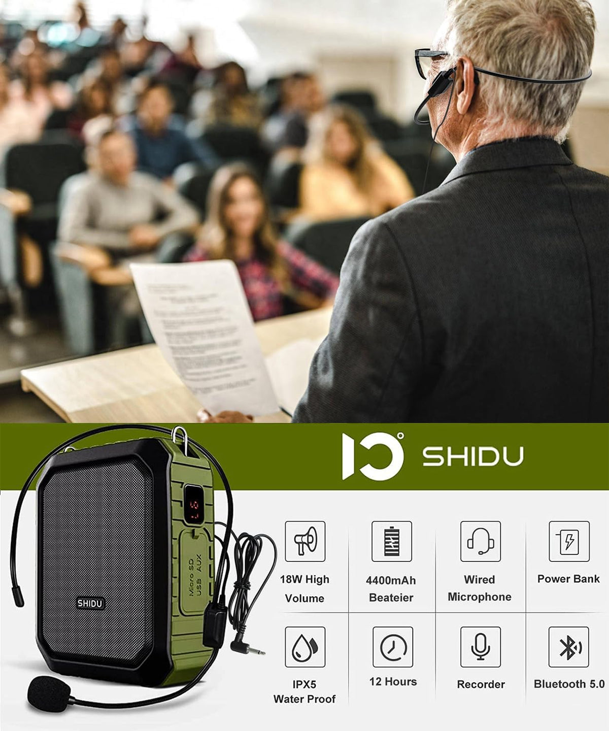 SHIDU Voice Amplifier for Teacher with Portable Microphone and Speaker, 18W Megaphone with Wired Mic Headset, IPX5 Waterproof & Rechargeable Bluetooth Speaker Systems for Tour Guide (NOT Wireless)