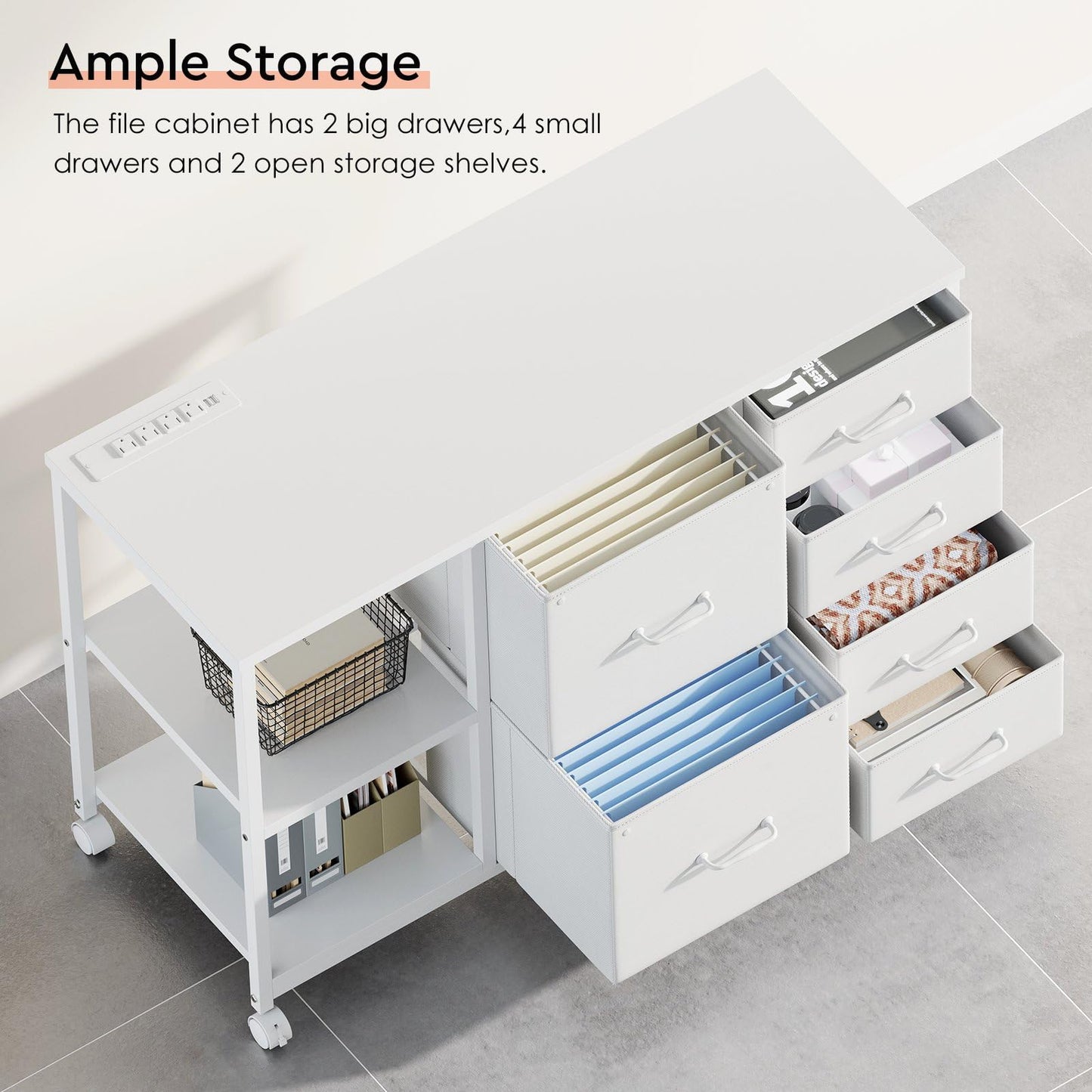 Maihail 6 Drawer File Cabinet with Charging Station Rolling Printer Stand with Open Storage Shelf Fabric Lateral Filing Cabinet for Home Office,White