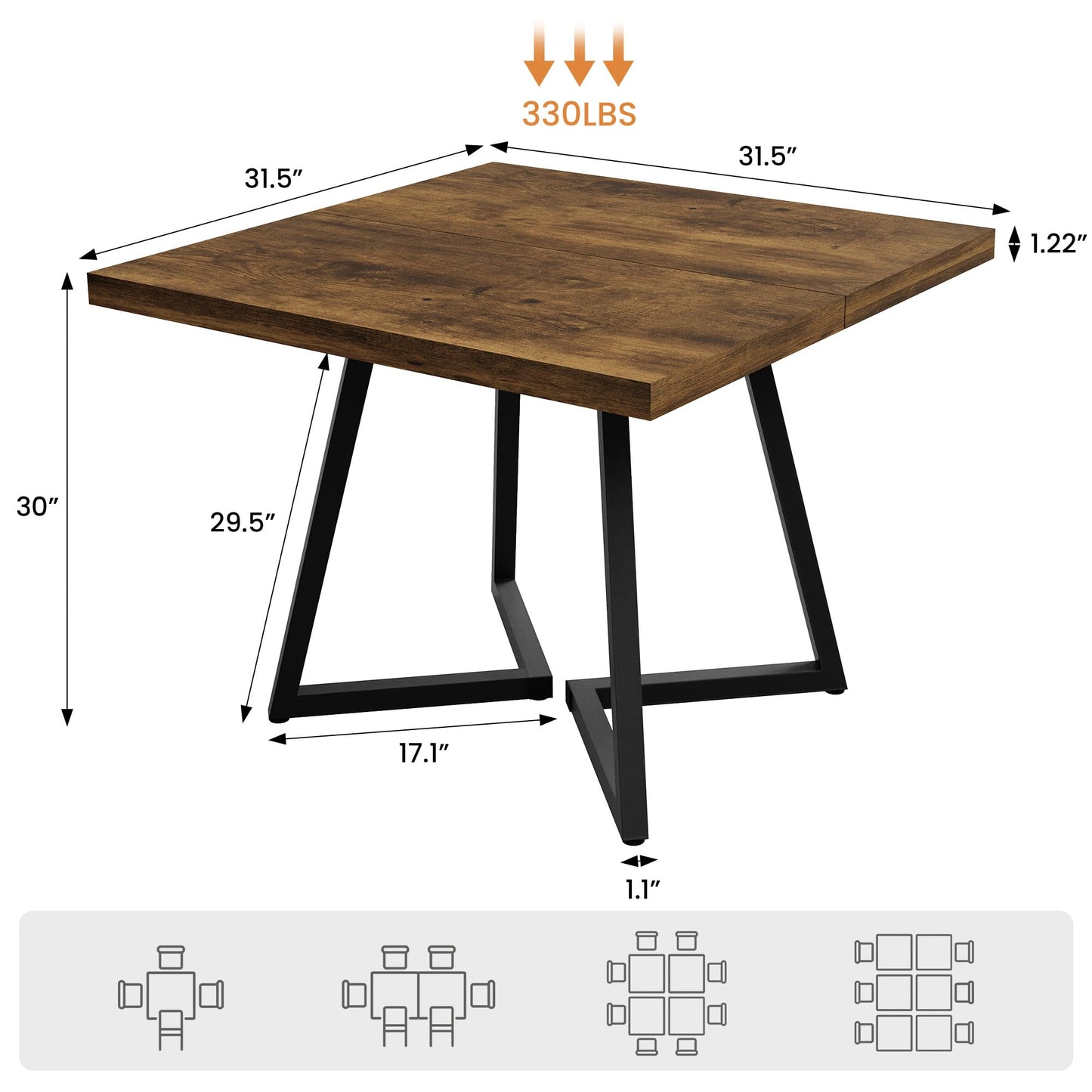 Apicizon Square Kitchen Dining Table for 2, Small Ktichen Table with Metal Base, 31.5" Modern Dinner Table for Dining Room Apartment Restaurant, Rust Brown