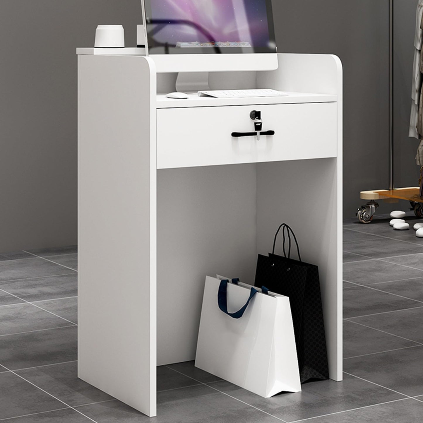 Modern Reception Desk with Lockable Drawers & Storage Cupboard, Reception Desk, Modern Checkout Counter, Wooden Workstation with Lockable Drawer, Front Desk for Office, Lobby, Bar, Salon, St