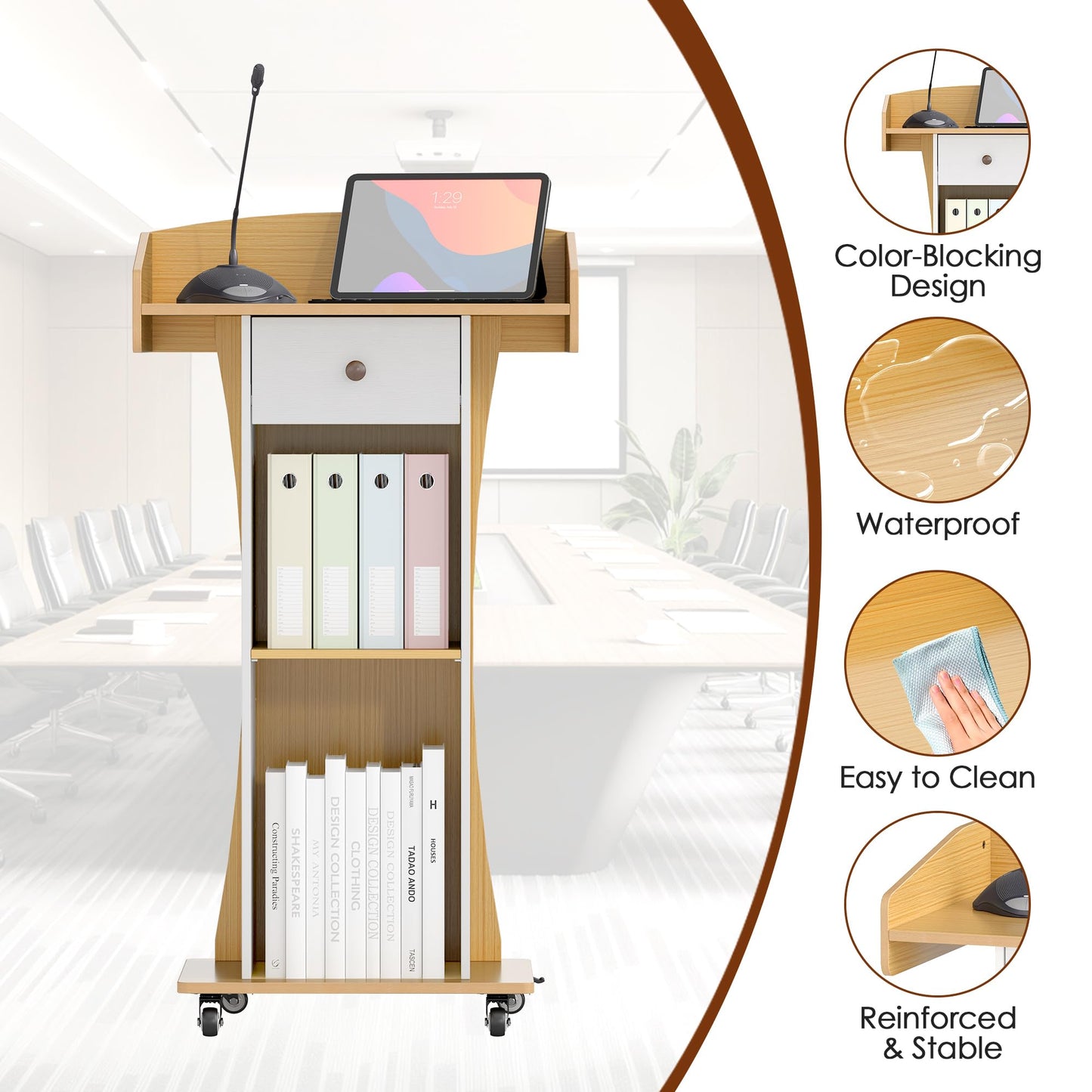 Qriocioa Podium Stand with Metal Wheels Wooden Lectern Podium Stand Portable Pulpit Standing with Storage Mobile Reception Podiums Desk for Church Office School Conference Restaurant Meeting,Wood