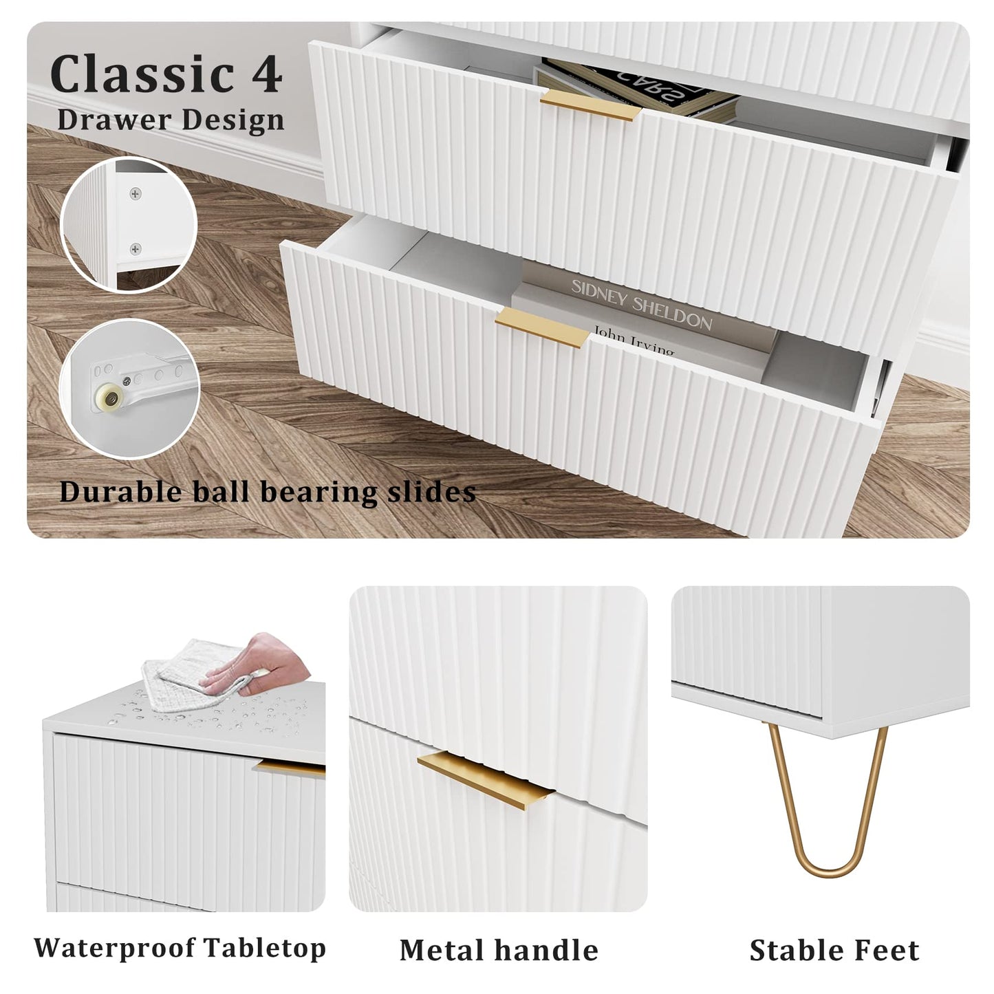 Masupu 4 Drawer Dresser, Drawer Chest, Tall Storage Chest Cabinet Organizer Unit with Metal Legs, Small Dresser for Bedroom, Living Room, Closet, Hallway White Stripe