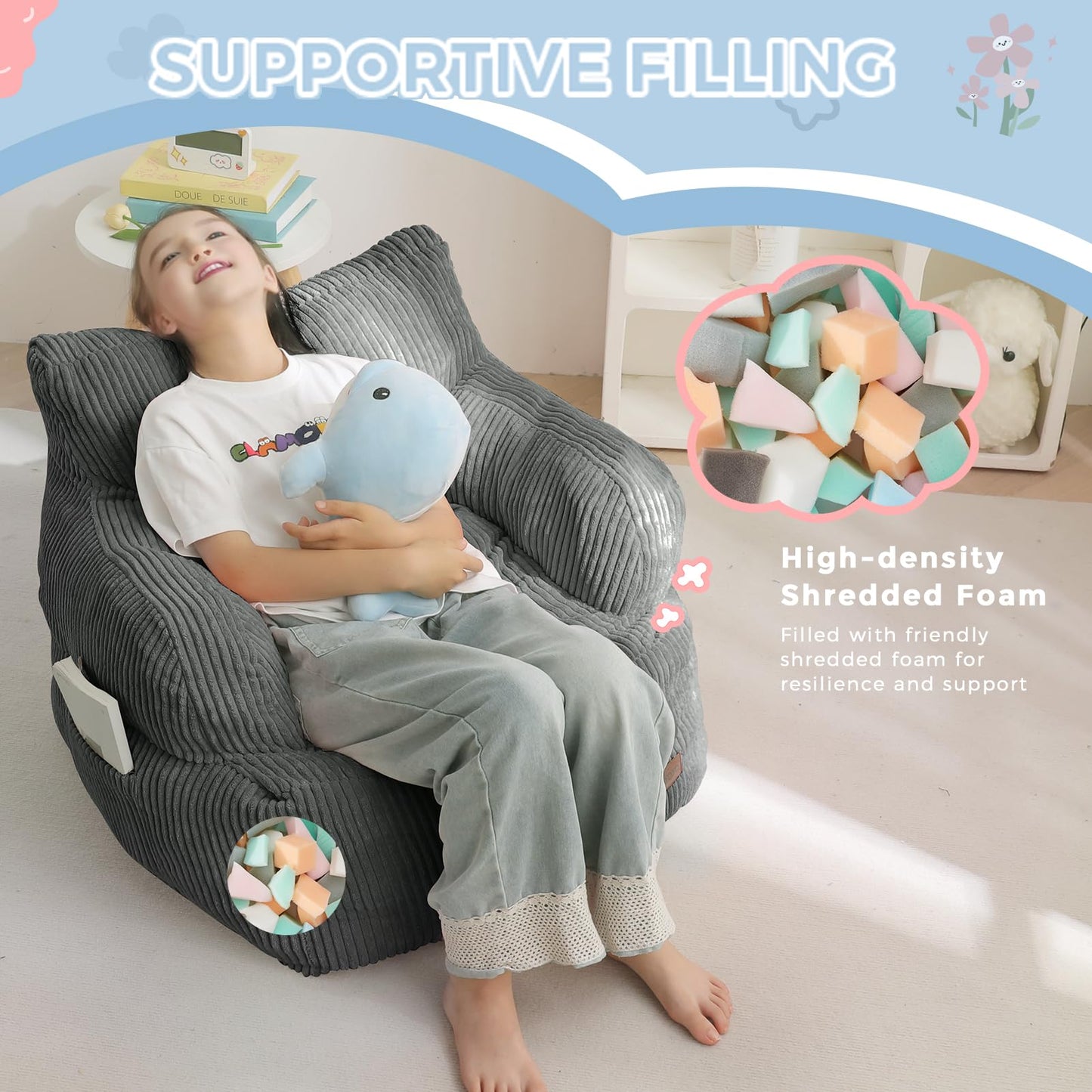 MAXYOYO Kids Bean Bag Chair, Stuffed Toddler Bean Bag Sofa with Filler Bean Bag Chair for Boys and Girls, Lazy Sofa with Pocket Floor Chair for Gaming, Reading, Dark Grey