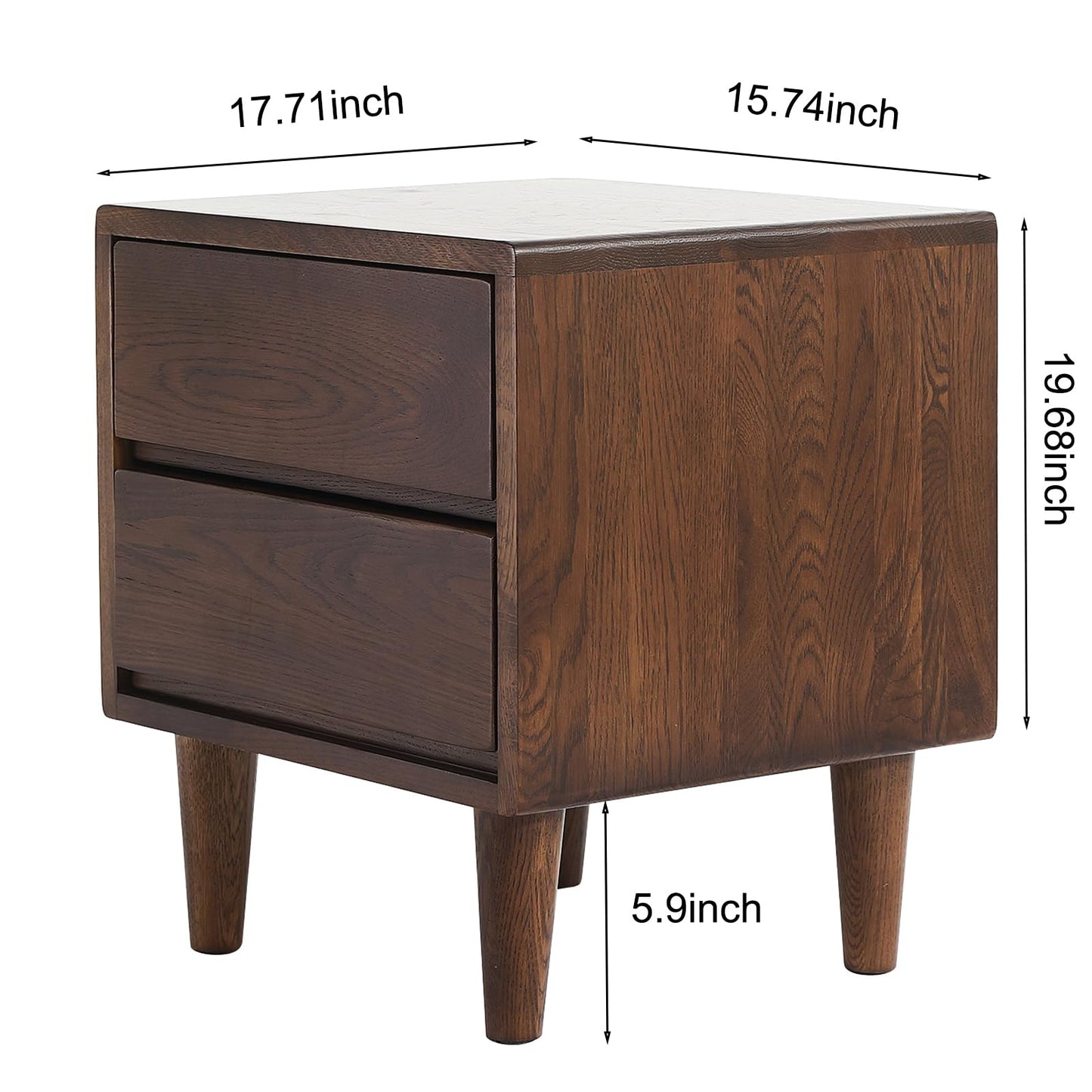 Solid Oak Wood Nightstand, Bedside Table with 2 Drawer, Mid-Century Luxury Night Stand, Modern Sofa Side End Table, Farmhouse Wooden Night Stand for Bedroom, Easy Assembly, Walnut Color
