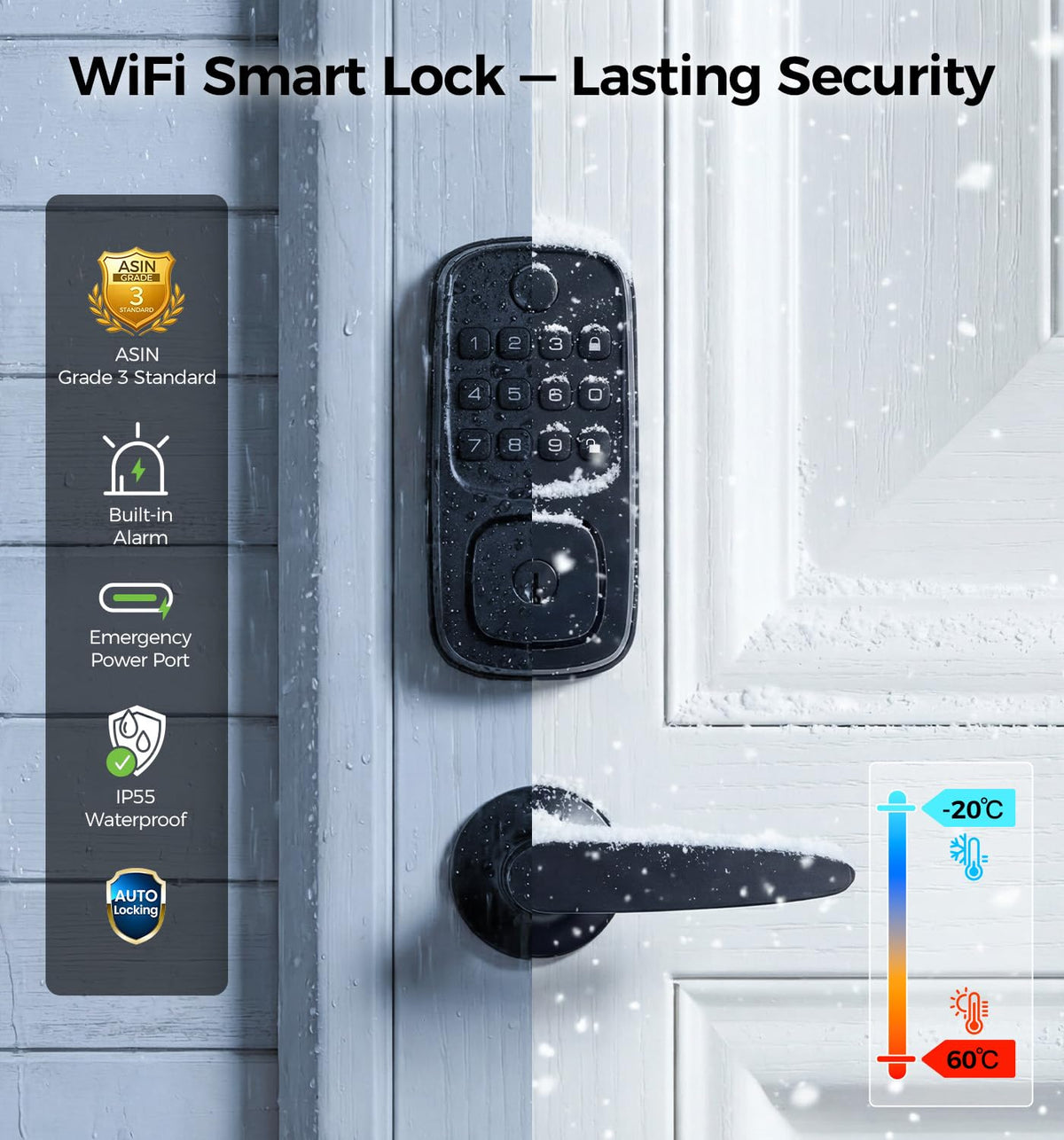 WiFi Smart Door Locks for Front Door Lock Set, Keyless Entry Door Lock Deadbolt with Handle Set, Smart Deadbolt Lock with Alexa & Google Assistant, APP Control, Voice& Fingerprint Unlock, Auto Locking