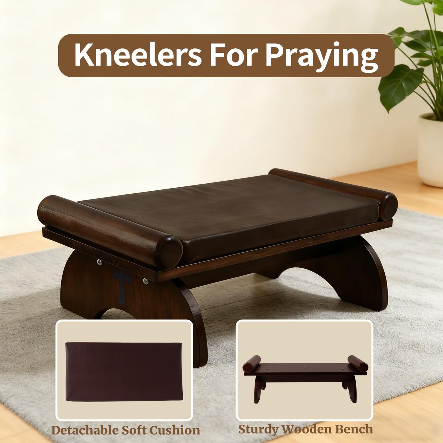 DOLEMODUO Prayer Kneeler Bench, Wooden Prayer Bench with Detachable Soft Cushion, Sturdy Home Kneeling Stool for Worship, Multi-Functional as Yoga Bench/Shoe Bench/Sofa Bench