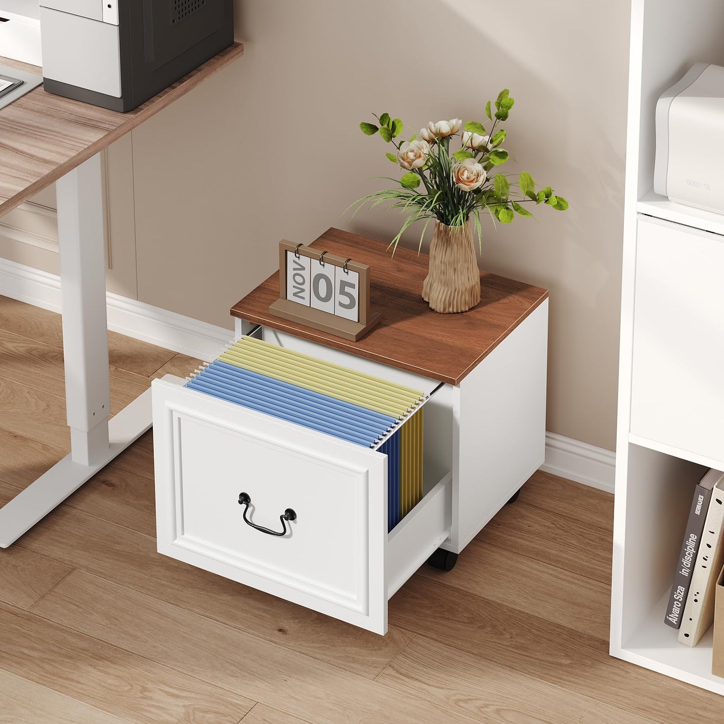 MAHANCRIS 1 Drawer File Cabinet, Rolling File Cabinet for Home Office, Wooden Under Desk Storage, Printer Stand with Drawers, for A4/Letter-Size Files, White and Walnut FCBA3701