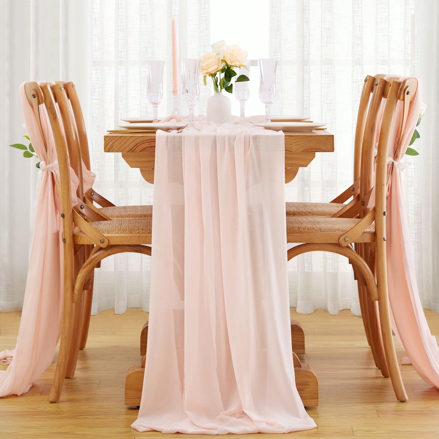 Chiffon Table Runner Light Peach 27x120 Inches 10 Pieces Sheer Fabric 10ft Table Runners for Outdoor Wedding Party Decor
