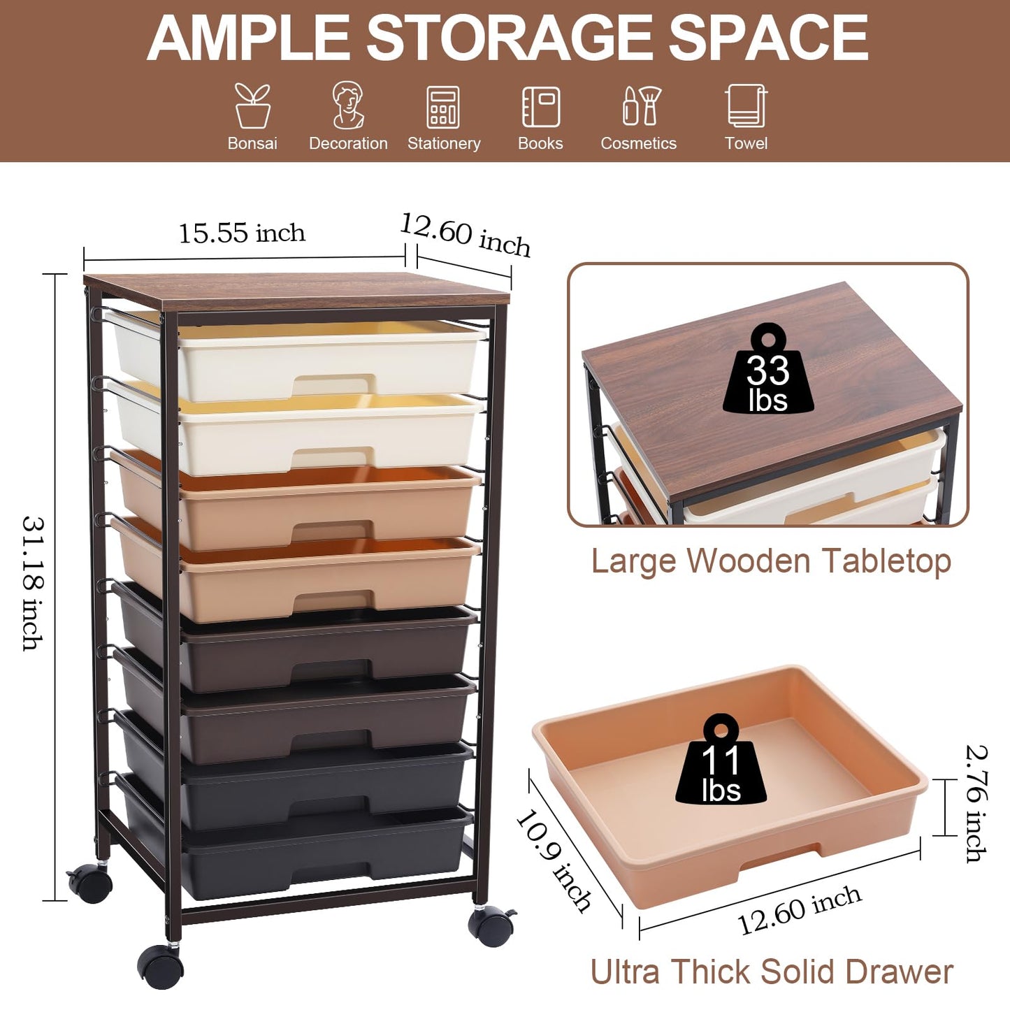 SYKIARIOL Rolling Storage Cart with Drawers, Rolling Drawer Cart and Wooden Tabletop,Storage Drawer Cart for Living Room,Classroom,Bedroom,Bathroom,Dorm,Office,Brown Gradient