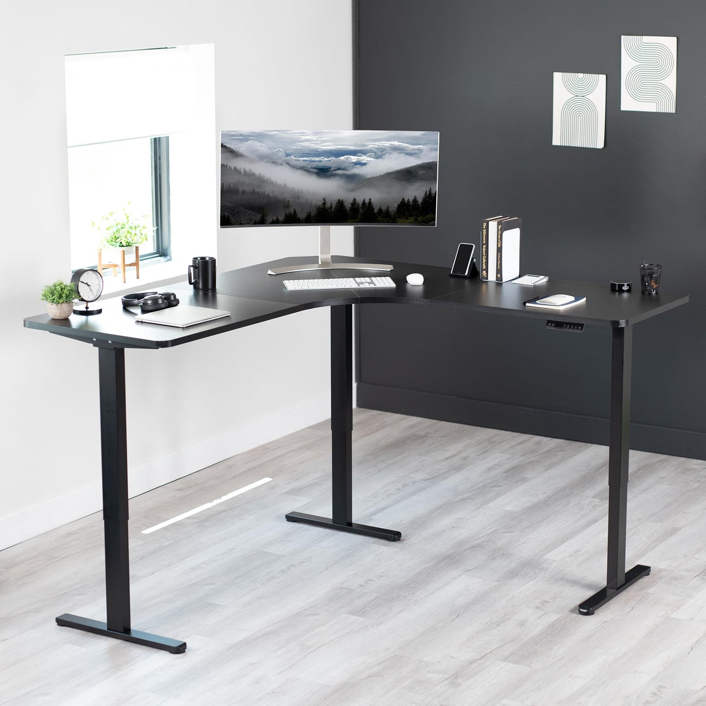VIVO Electric Multi-Motor Height Adjustable Corner 3 Leg Standing Desk Frame, Sit Stand Ergonomic L Frame with Push Button Controller, Black, DESK-V123EB