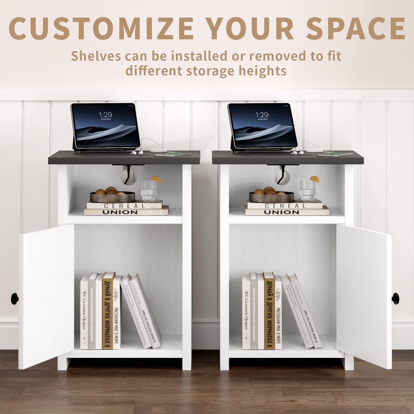 AURINEST Farmhouse End Table Set of 2 w/Charging Station, Nightstands w/Barn Door&Storage Shelf, Rustic Bedside Table for Living Room, Bedroom, Entryway, Office, Small Spaces, White