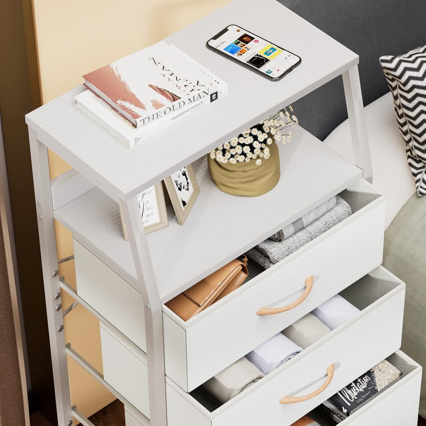 Furnulem Tall 4 Drawers Dresser, Vertical Storage Tower for Bedroom, Hallway, Entryway, Nursery, Closet Organizer, Nightstand Bedside Table Furniture, Sturdy Steel Frame, Wood Top, White