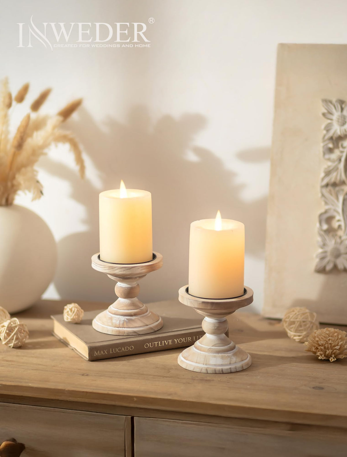 Inweder Wood Pillar Candle Holder: 2Pcs Rustic White Candle Holders for Pillar Candles Wood Candle Holders Distressed Wooden Farmhouse Candle Holder Large Rustic Candle Holder for Fireplace Table