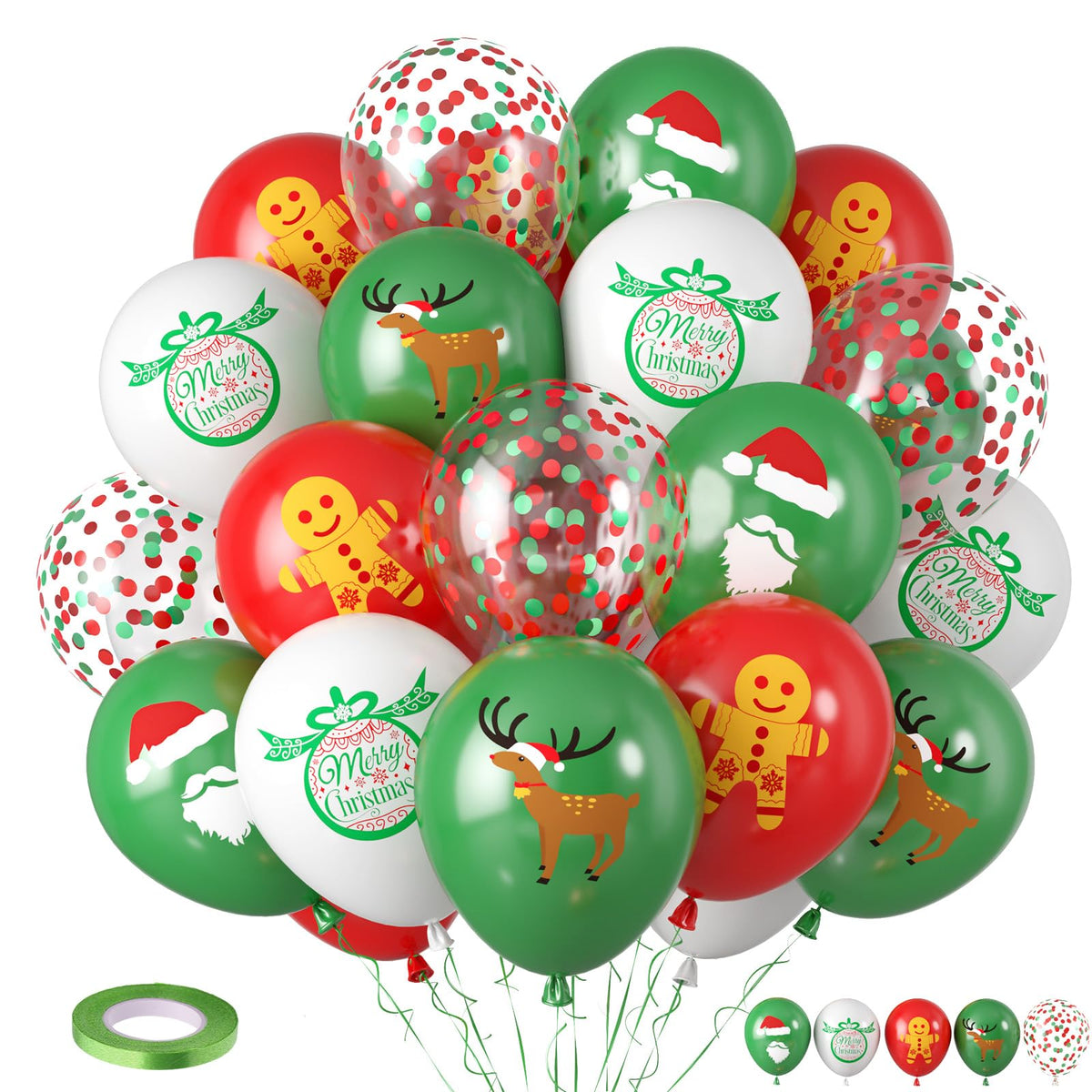 Saxuxu Christmas Balloons, 12 Inch Xmas Print Balloons, Red Green Confetti Latex Balloon Green Red White Gingerbread Man Bell Elk Santa Claus Printed Balloon for New Year Christmas Party Decorations