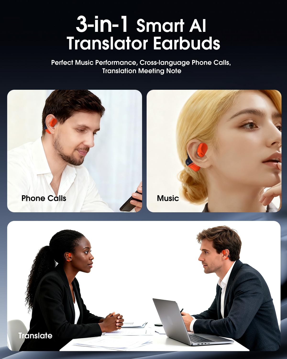 schainyan AI Translator Earbuds Real Time - 164 Languages Translation Headphones, Audio and Video Calls Wireless Bluetooth Interpreter Device for Business, Travel, Learning - Orange